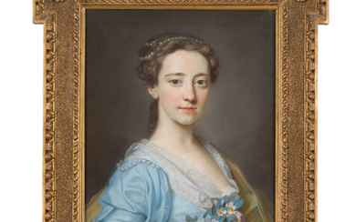 William Hoare of Bath (1706-1799), Portrait of Frances (1708-1756), eldest daughter of 1st Earl Bathurst, half-length, in a pale blue dress with yellow wrap