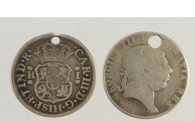 World silver coins x2 (holed): Peru 1 Real 1769 LM JM, F/VG,...