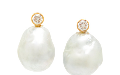 YELLOW GOLD, BAROQUE CULTURED PEARL, AND DIAMOND EARRINGS