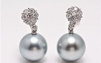 14 kt. White Gold - 12x13mm Round Tahitian Pearls - Earrings - 0.47 ct