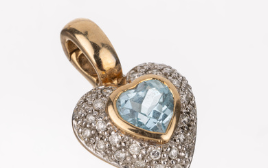 14 kt gold blue topaz-brilliant-heart pendant , YG/WG 585/000, bevelled...