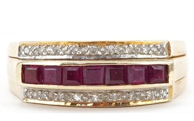 14ct gold ruby and diamond three row ring, size N/O, 3.9g