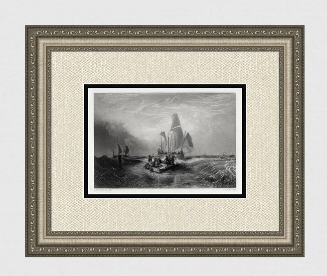 1800s William TURNER Engraving "Boats off Calais" SIGNED Framed