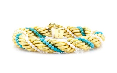18K Gold Rope Chain Bracelet with Turquoises and Pearls
