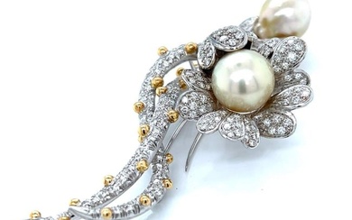 18K White Gold South Sea Pearl & Diamond Flower Brooch