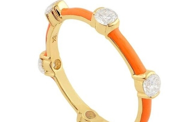 18k Yellow Gold HI/SI Diamond Ring Red Enamel Jewelry