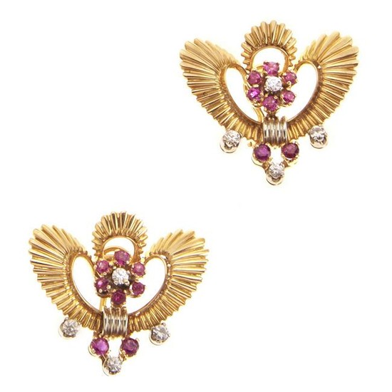 18kt yellow gold, diamond and ruby earrings