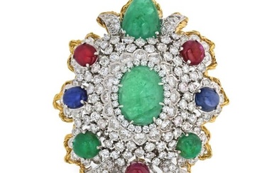 1970's Platinum & 18K Yellow Gold Diamonds Rubies Emeralds And Sapphires Heraldic Brooch