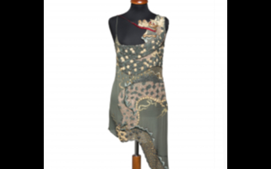 KRIZIA Asymmetric olive green mini-dress embroidered with an oriental...