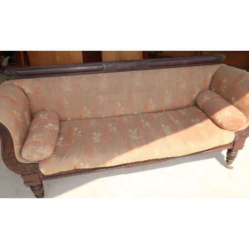 19th C mahogany framed three seat settee with scroll arms, c...