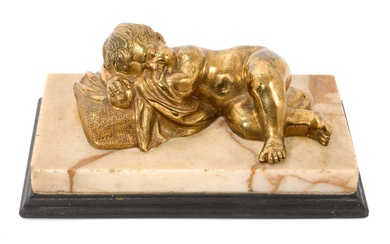 19th century ormolu and marble paperweight, modelled as a sleeping infant