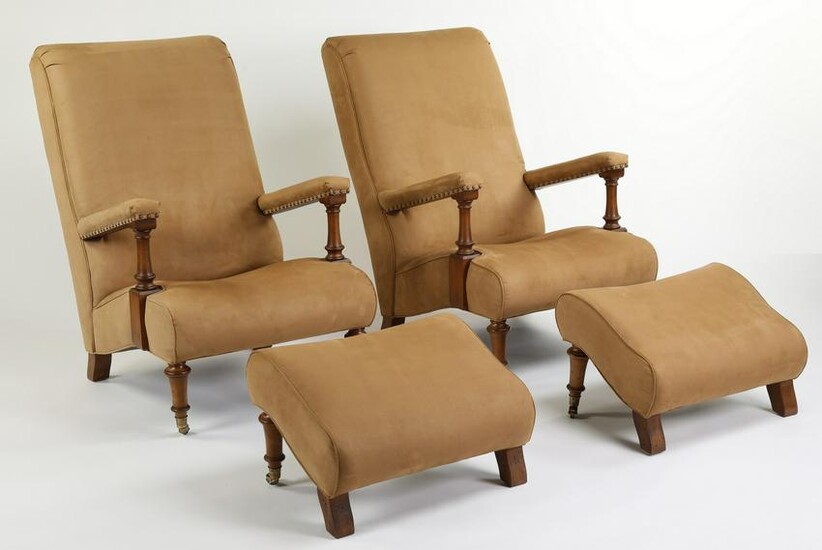(2) Henredon armchairs and footrests in faux suede