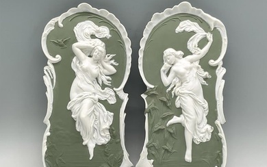 2pc Neoclassical Sage Green Wall Plaques, Nude Ladies