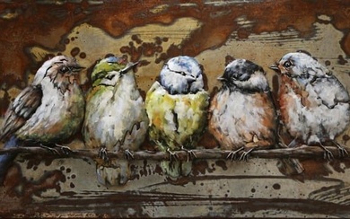 3 Dimensional Cannery Birds Wall Mount Oil Painting on Metal Canvas Sculpture