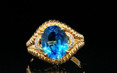 3.00ct Blue Topaz and 14K Yellow Gold Ring W/Diamonds