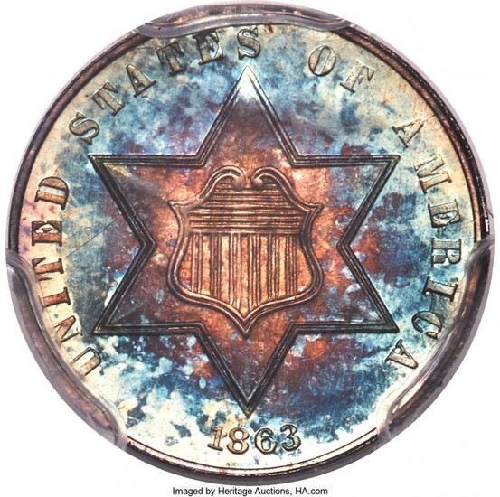 3074: 1863 3CS MS66 PCGS. Both sides are magnificently