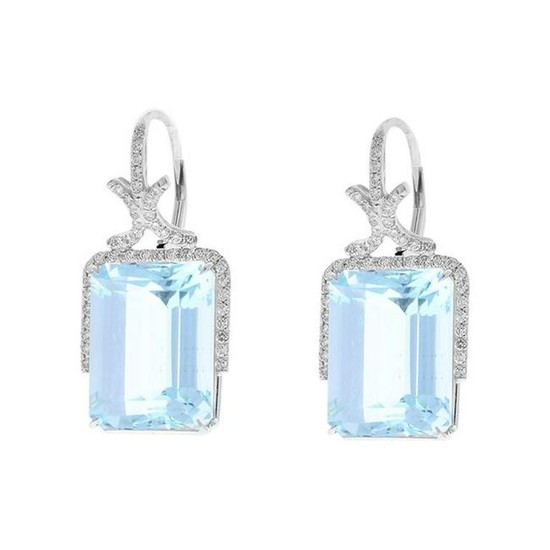 33.45 Carat Emerald Cut Aquamarine and Diamond Earrings