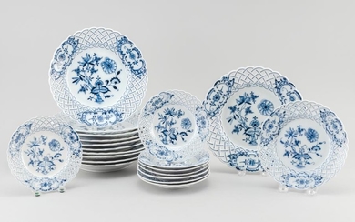 TWENTY BLUE ONION PATTERN PORCELAIN DISHES WITH PIERCED RIMS 1-11) Eleven plates. Marked "Meissen" within an oval. Diameters 9". 12-...