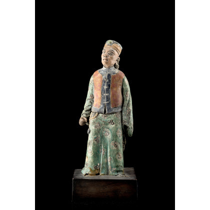 An enamelled biscuit model of an official, with wood base (with expertise) (defects) China, 18th century (h. 26 cm.)