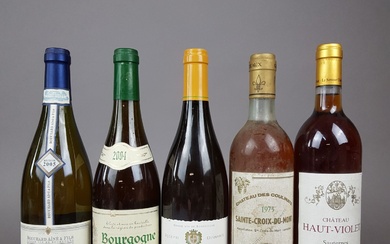 5 bouteilles : - 1 bouteille de Bourgogne Chardonnay, Pierre Vincent, 2004 - 1 bouteille...