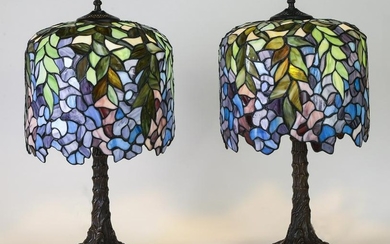 Pair of patinated Tiffany style wisteria table lamps