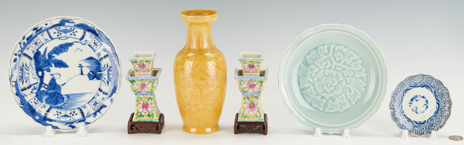 6 Pcs. Asian Porcelain, incl. Yellow-Ground Candlesticks