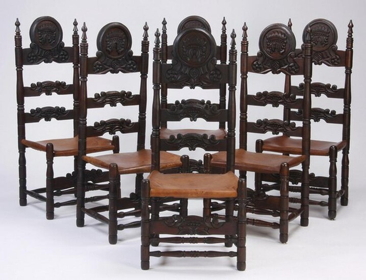 (6) Spanish Colonial style carved chairs w/ leather