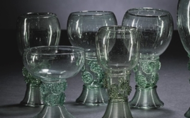 A group of five Dutch or German green-tinted glass small roemers, second-half 17th/early 18th century