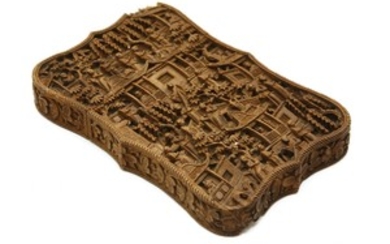 A 19th century Cantonese sandlewood card case, with finely carved chinoiserie decoration