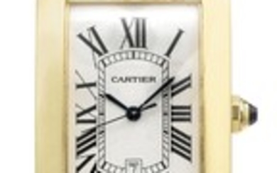 CARTIER | A YELLOW GOLD RECTANGULAR AUTOMATIC CENTER SECONDS WRISTWATCH WITH DATE REF 1740 CASE CC599426 TANK AMERICAINE CIRCA 2000