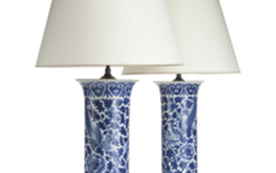 A PAIR OF CHINESE BLUE AND WHITE TALL VASES, NOW MOUNTED AS LAMPS, LATE QING DYNASTY