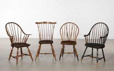 Four American ash, oak and maple Windsor chairs