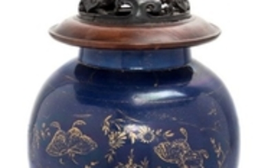 A Gilt Decorated Blue Glazed Porcelain Covered Jar