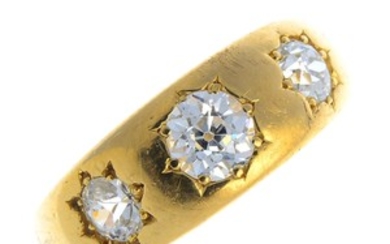 A late Victorian 18ct gold diamond three-stone ring. View more details