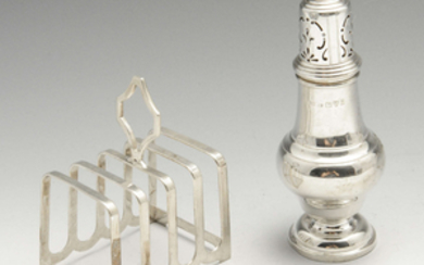 A small 1930's silver caster & a small 1940's silver toast rack. (2).