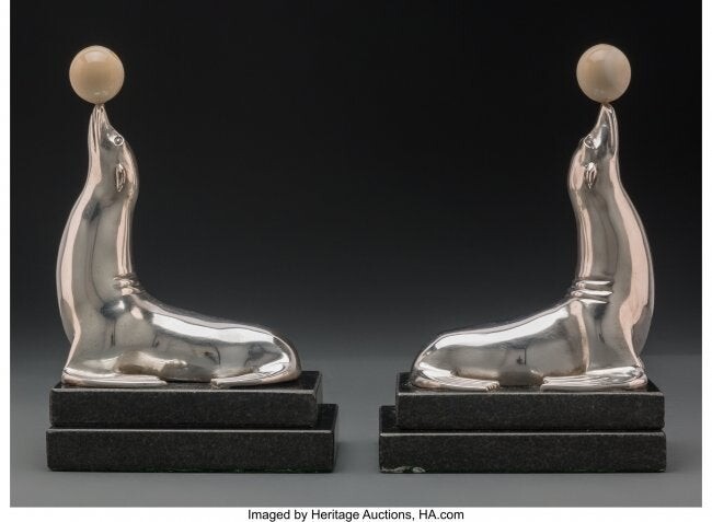 79374: Pair of French Silver-Plated Bronze Seal Bookend