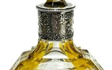 9.5" Antique German 800 Silver and Acid Etched Amber Yellow and Clear Glass Decanter