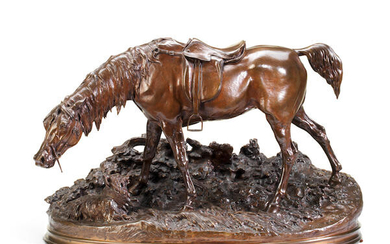 Pierre-Jules Mene (French, 1810-1871): A patinated bronze equestrian model of 'Grand Jument De Chasse Avec Petit Chien Griffon'