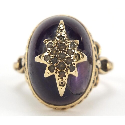 9ct gold cabochon amethyst ring with scrolled and pierced sh...