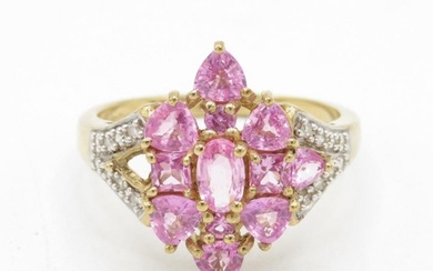 9ct gold vari-cut pink sapphire cluster cocktail ring with d...