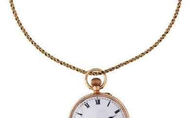 A 12ct gold open-face fob watch and a 9ct gold neck chain, the fob watch with white enamel dial subsidiary seconds and blue steel hands keyless cylinder movement, engine-turned case with vacant cartouche, London import marks, 1912, and a 9ct gold...