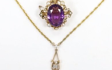 A 1960's 9ct gold, amethyst, seed pearl and diamond chip set...