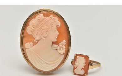 A 9CT GOLD CAMEO RING AND A CAMEO BROOCH, the rectangular ca...