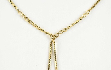 A 9ct gold box and chain link necklace with a...