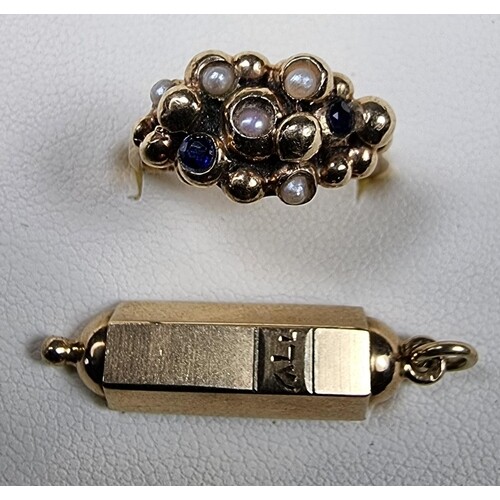 A 9ct gold sapphire and pearl ring and a 14k gold prayer pen...