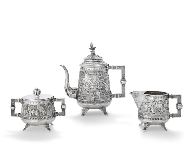 A CHINESE EXPORT SILVER THREE-PIECE TEA SERVICE, MARK OF LUEN WO, SHANGHAI, LATE 19TH/EARLY 20TH CENTURY