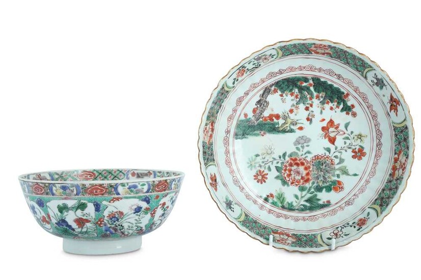 A CHINESE FAMILLE VERTE BOWL AND A DISH.
