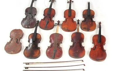 A COLLECTION OF 9 VIOLINS AND 4 VIOLIN BOWS includ