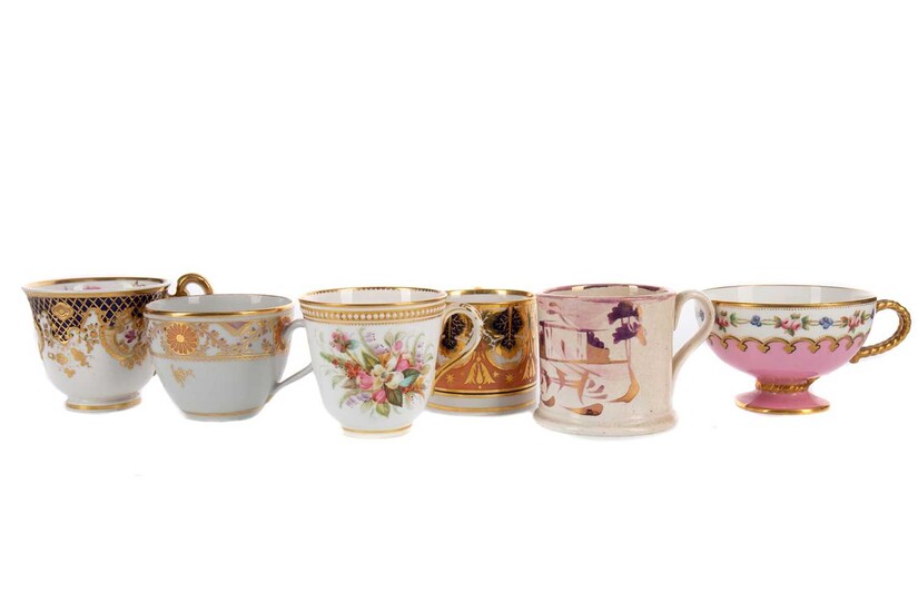 A COLLECTION OF TEN LATE 18TH TO MID-19TH CENTURY ENGLISH TEACUPS, ALONG WITH TWO COFFEE CANS