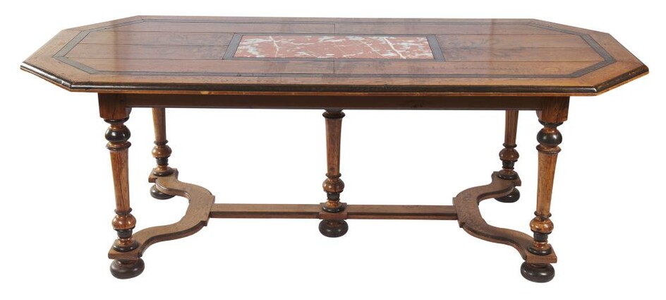A CONTINENTAL OAK AND MARBLE INSET DINING TABLE 19TH CENTURY